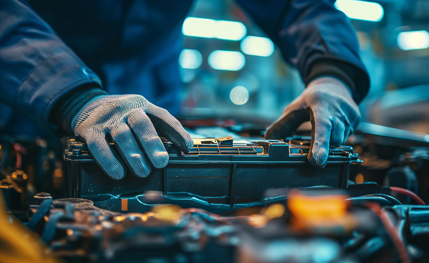 Hands in gloves of expert technicain electric car, EV car Lithium-ion car battery.